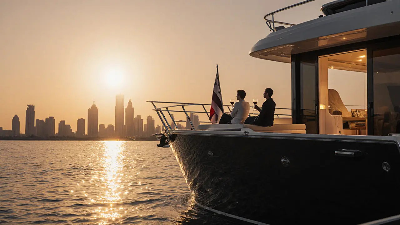 A private yacht at sunset on Abu Dhabi Marina, two figures sitting in silent companionship on deck.