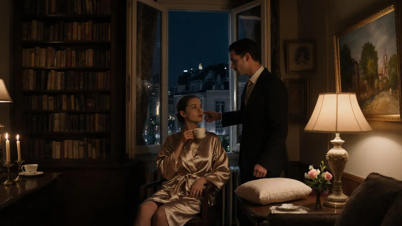 An elegant apartment scene with a companion discussing art under soft lamplight.
