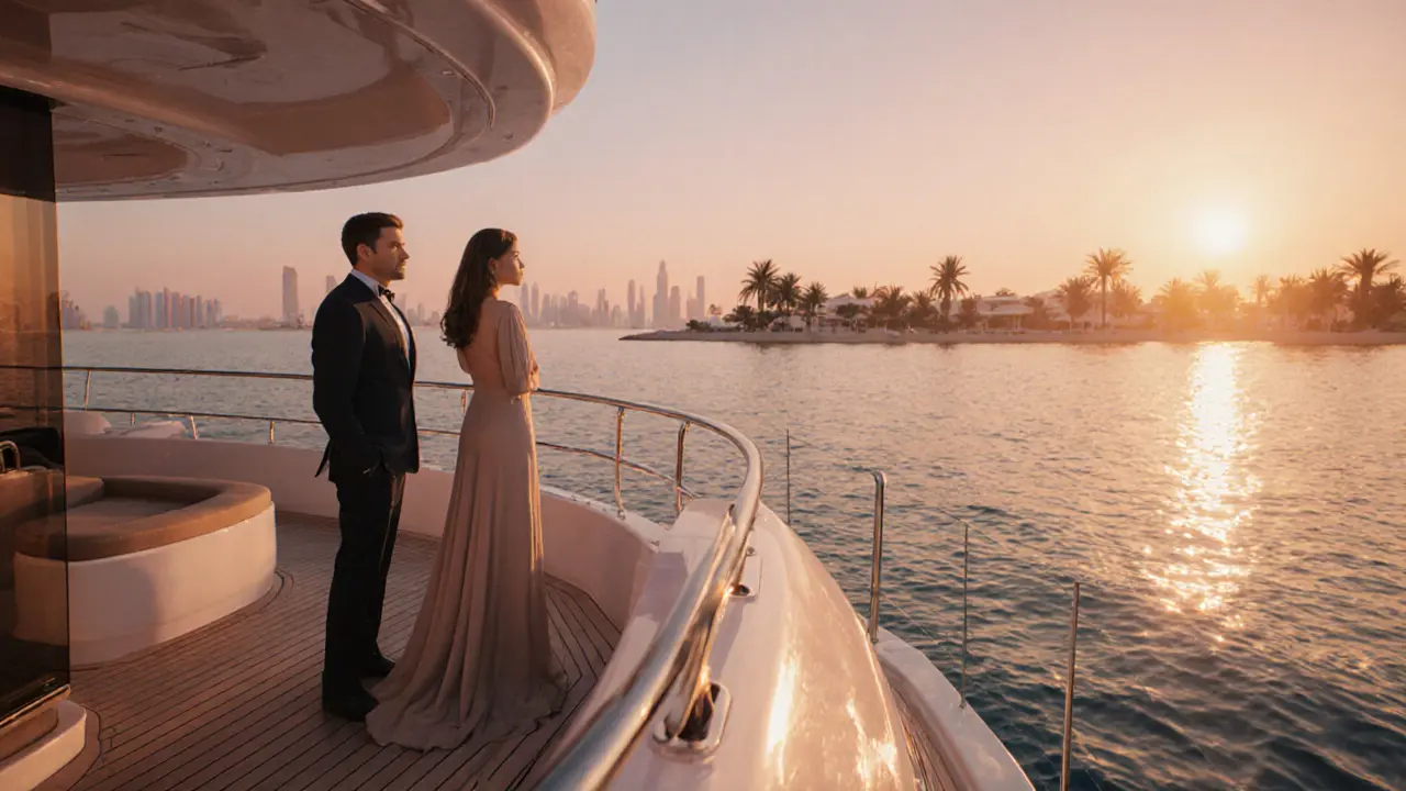 Companion and client on a private yacht cruising past Palm Jumeirah at sunset.