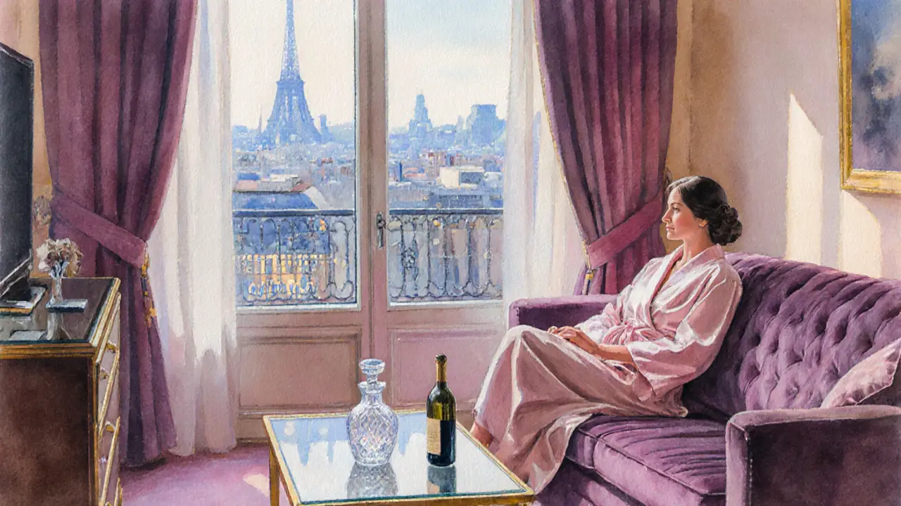 Companion and client relaxing in a luxurious Paris hotel suite with city lights.