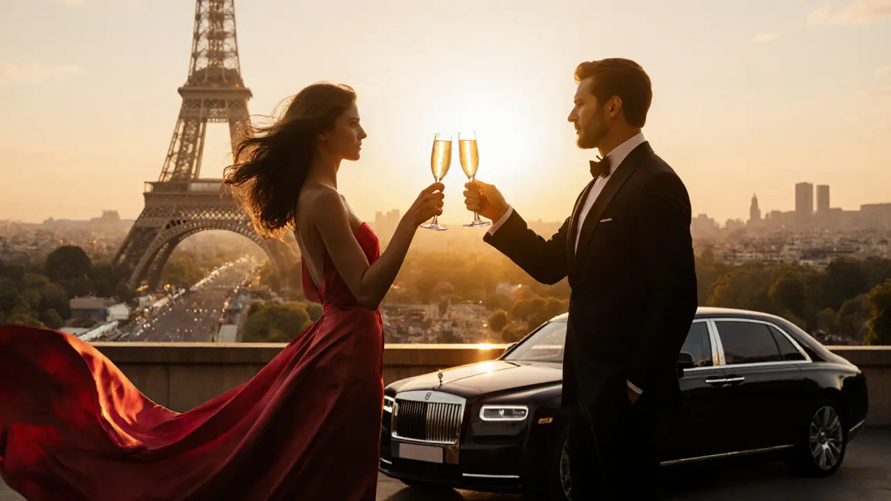 Companion and client sharing champagne on the Eiffel Tower at sunset.