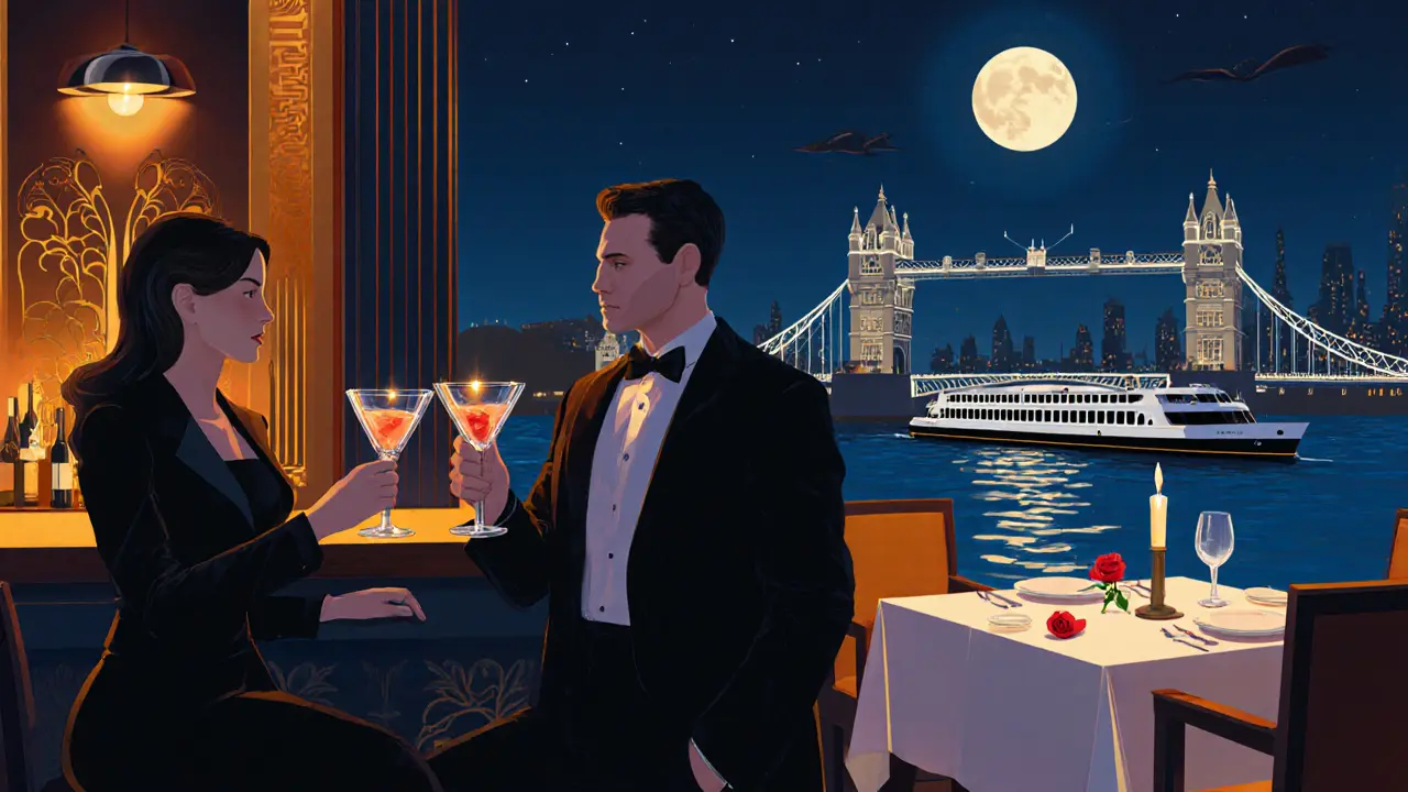 Couple enjoying a cocktail bar, dining, and a Thames river cruise in a night scene.