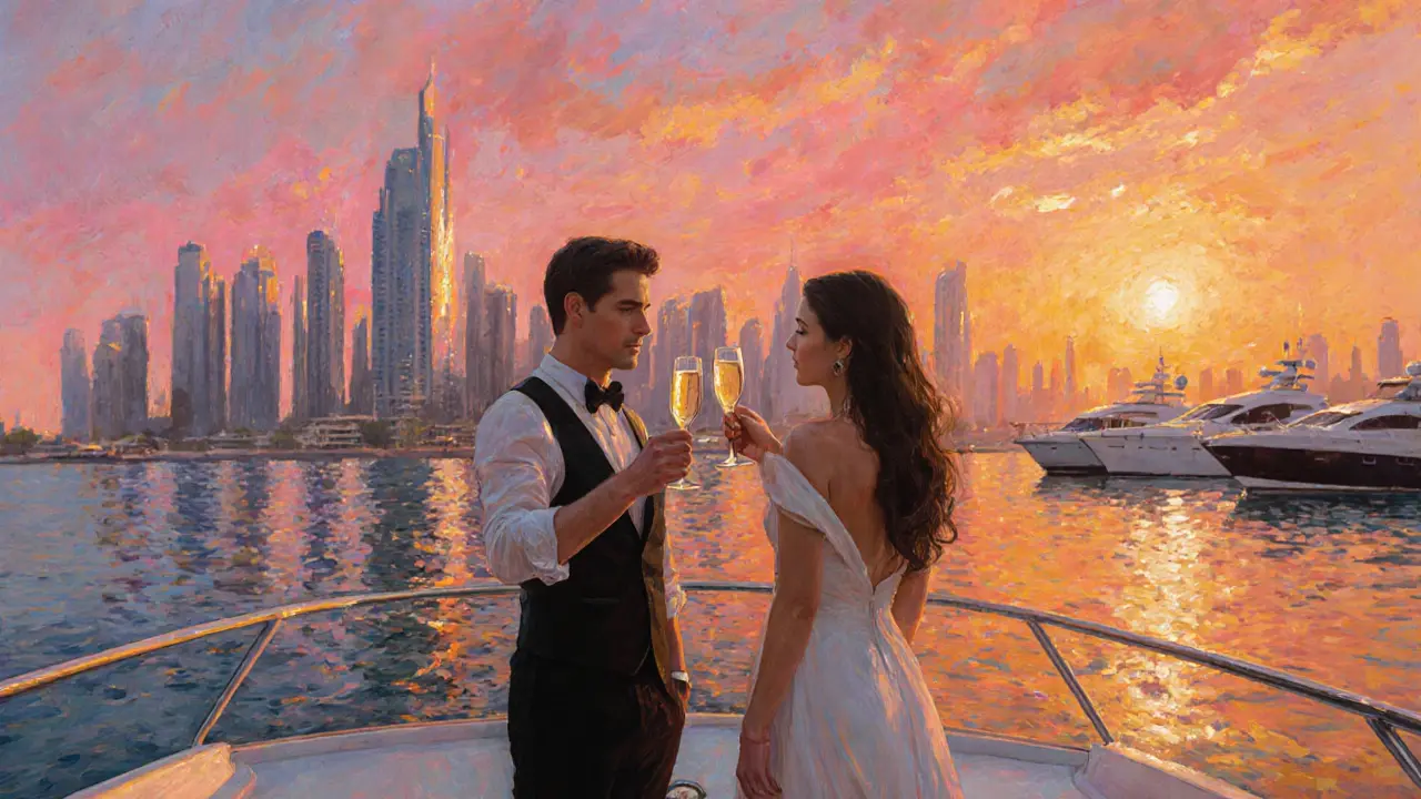 Couple toasting champagne on a yacht at sunset over Dubai Marina skyline.