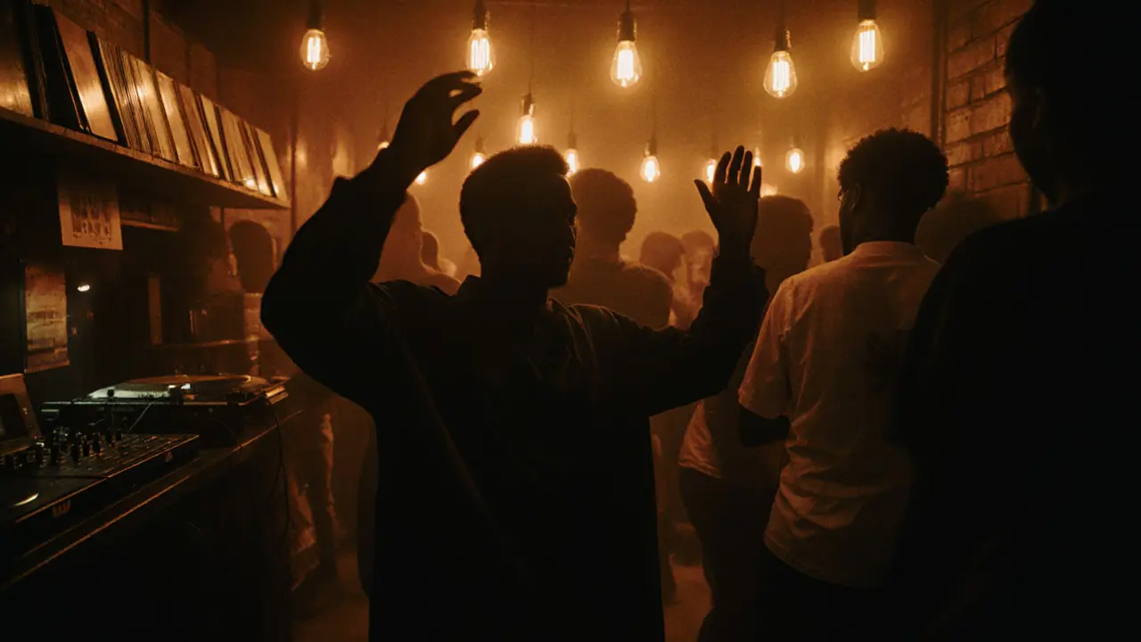 Dancers lost in music at Rye Wax, warm lighting and vinyl records in the background.