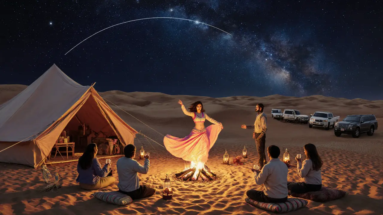 Desert night camp with fire, dancers and star-filled sky.
