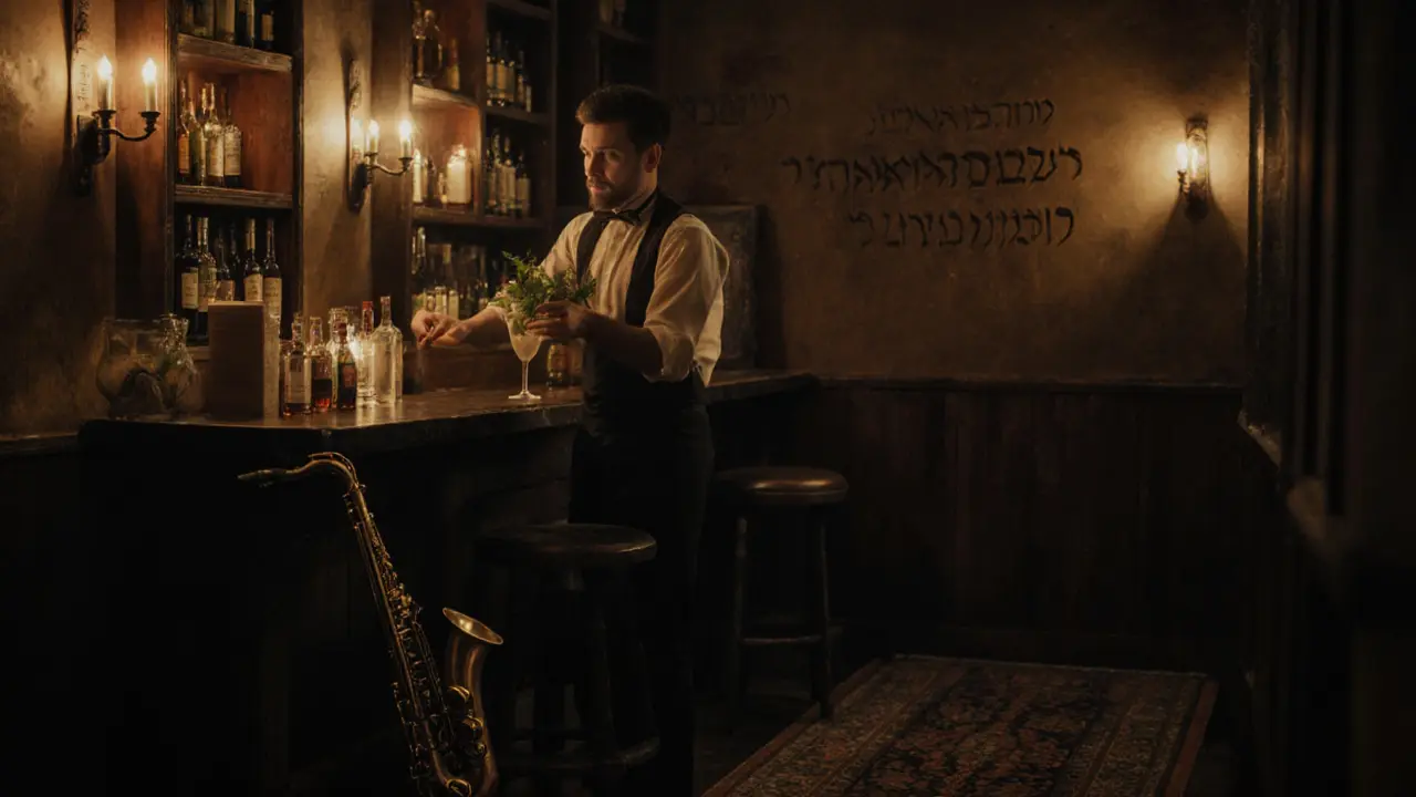 Dimly lit basement jazz bar with wooden shelves and Hebrew wall inscriptions, a bartender crafting a herbal cocktail by candlelight.