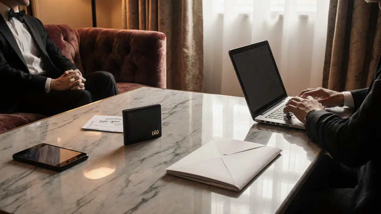 Discreet meeting in a lavish hotel suite, showcasing crypto payment and safety tools.