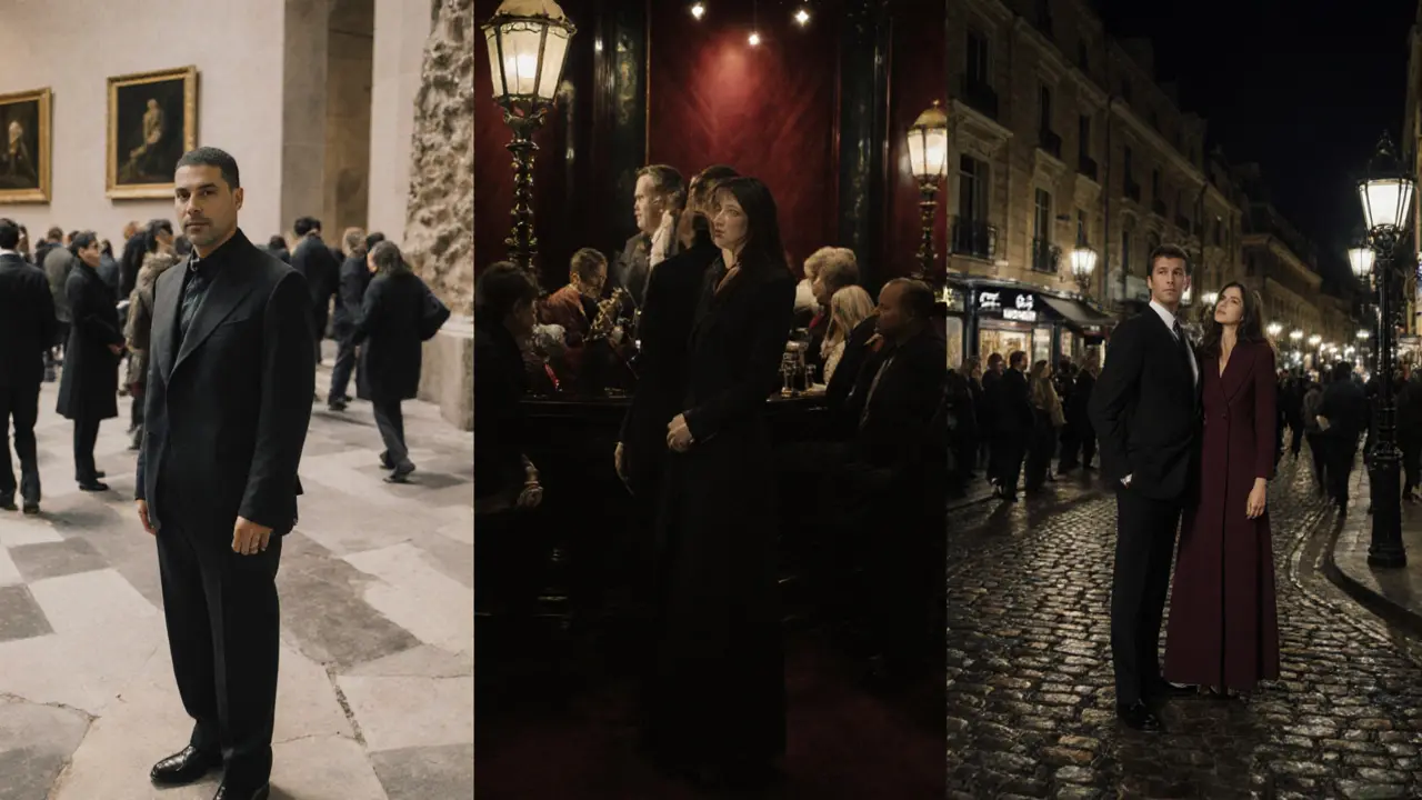 Diverse individuals enjoy quiet moments with companions across Parisian settings.