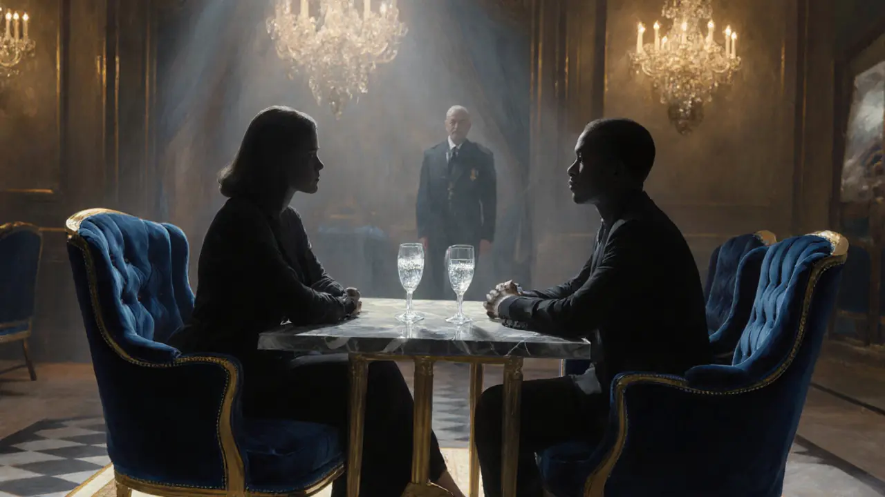 Elegant hotel lounge with two silhouettes having a discreet meeting over drinks.