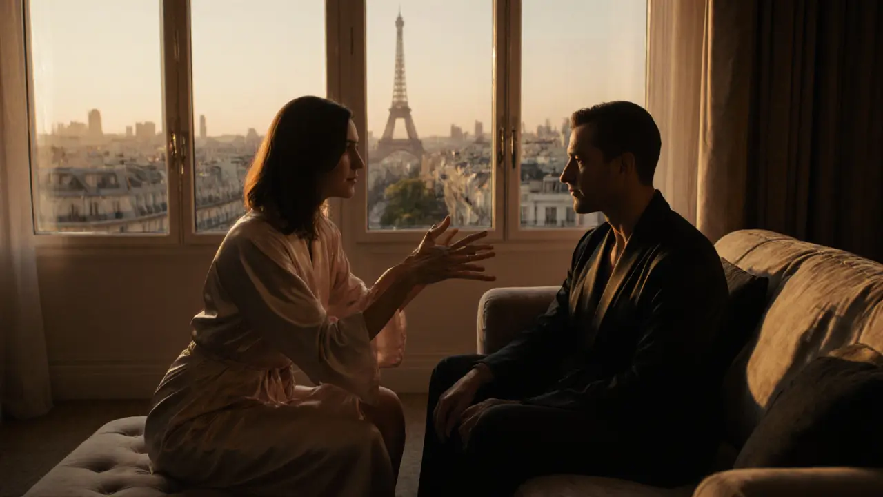 Escort and client practicing intimacy coaching in a luxurious Paris hotel suite at dusk.