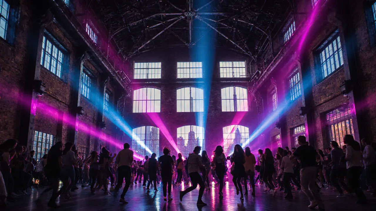 Futuristic dance floor in an industrial hall with neon LED lights and a crowd dancing.