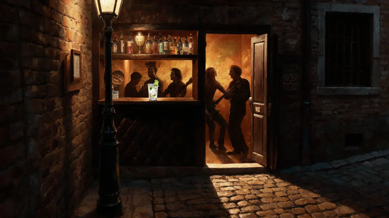 Hidden entrance of Bar 22 in a dim alley, warm light spilling from an unmarked door, silhouettes of musicians inside.