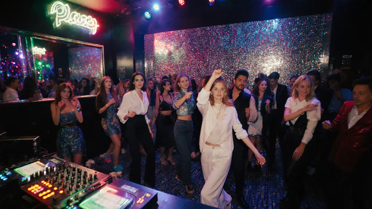 Inside Plastic club with colorful lights, fashionable dancers, and a DJ booth.