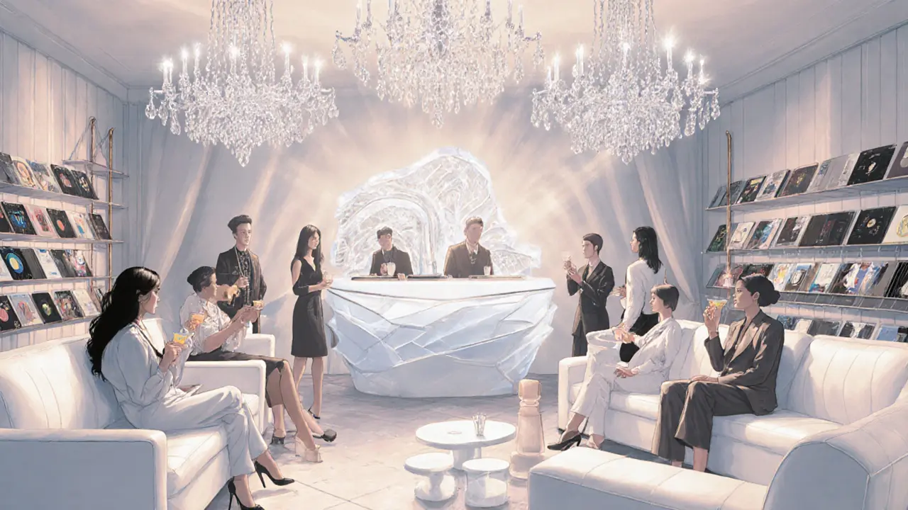 Interior of La Perle nightclub with minimalist decor, crystal chandeliers, and stylish guests under ambient lighting.