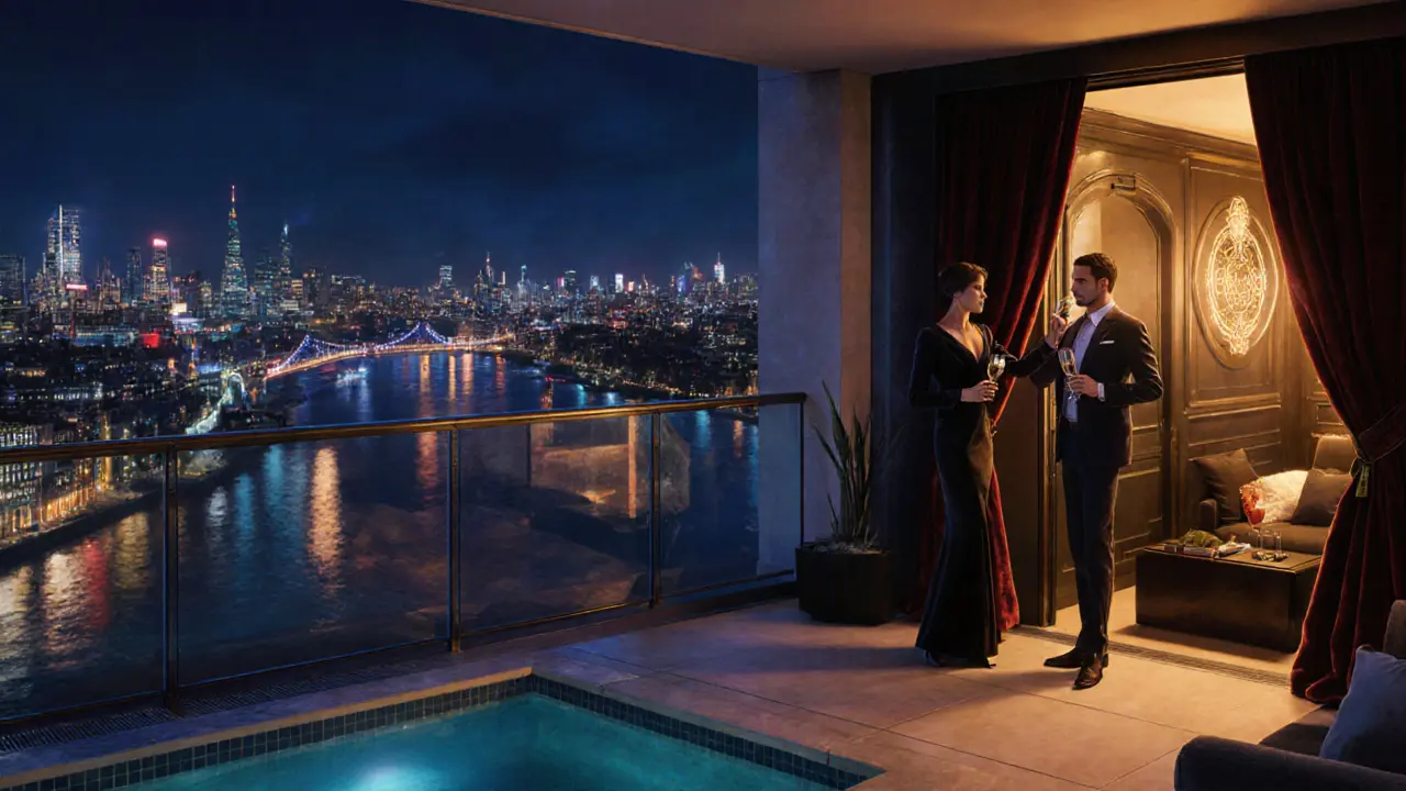 International escort guiding client on a luxury rooftop terrace with Thames view.