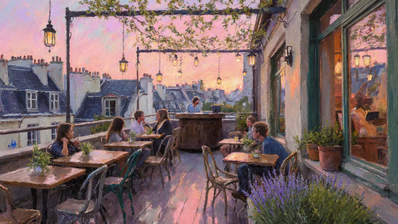 Le Perchoir rooftop with a live DJ, garden tables, and patrons enjoying craft cocktails.