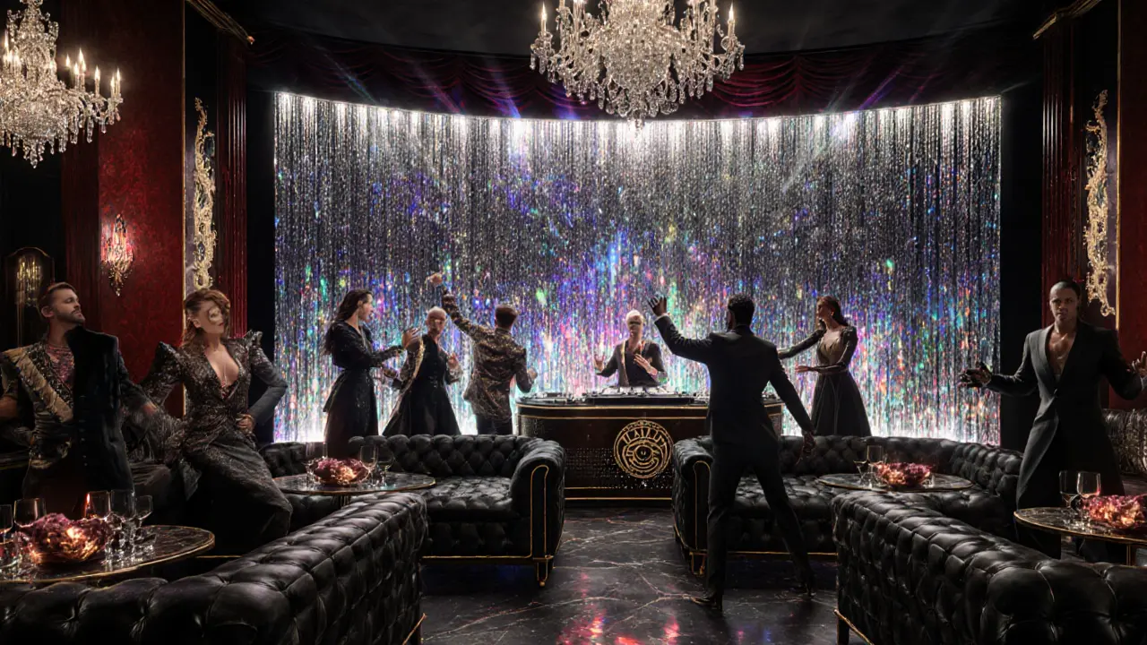 Luxurious Cavalli Club interior with holographic waterfall, crystal walls, and elegant guests.