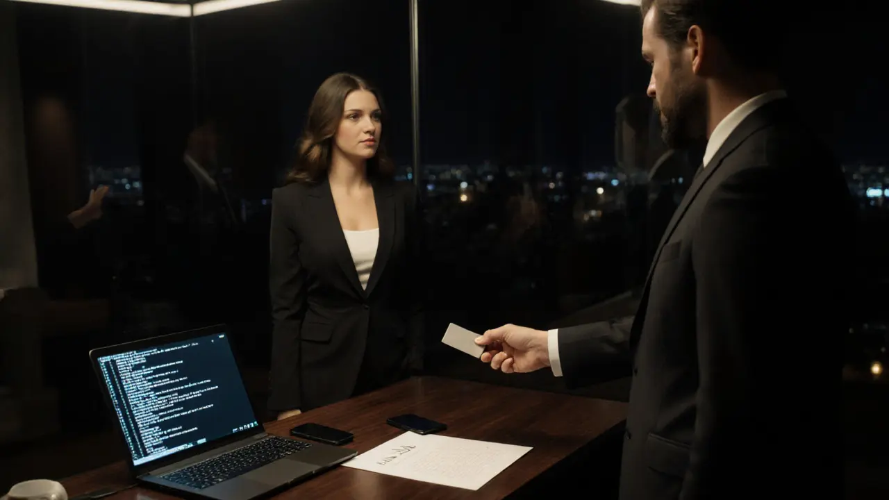 Luxurious office with a companion, encrypted devices, and a signed NDA document.