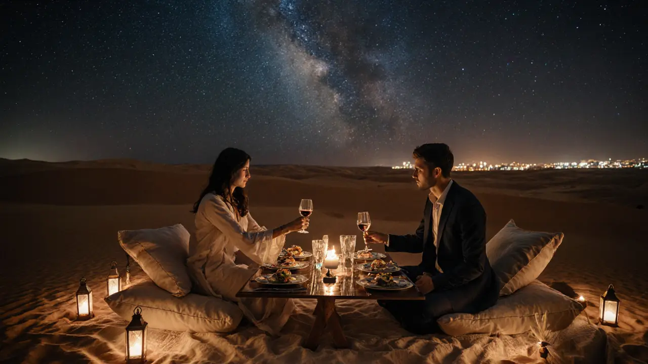 Luxury desert dinner under starry sky with a companion and guest.