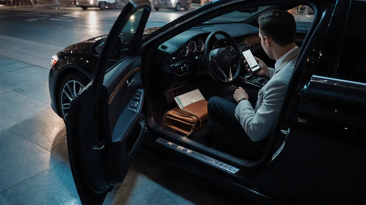 Luxury sedan with driver opening door for traveller, showing ride‑app and cash envelope.