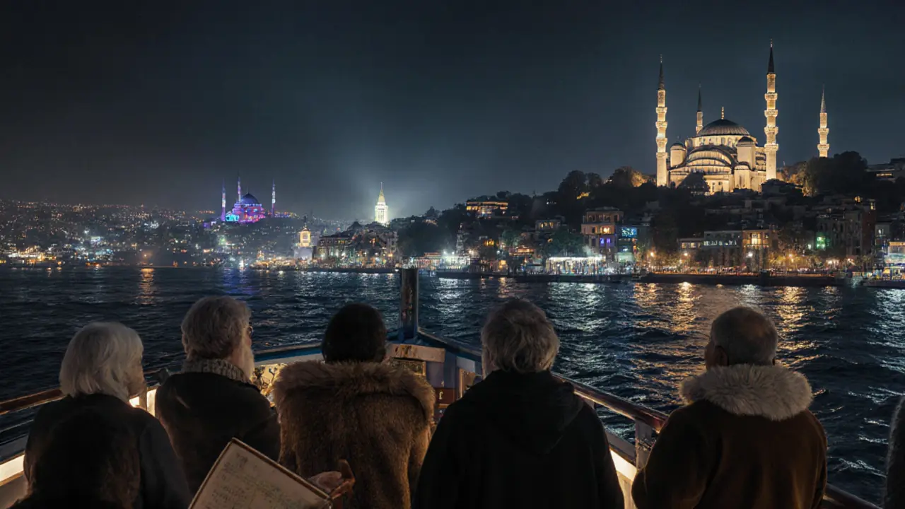 Night ferry crossing the Bosphorus, reflecting Istanbul’s glowing skyline as diverse passengers watch the city in silent awe.