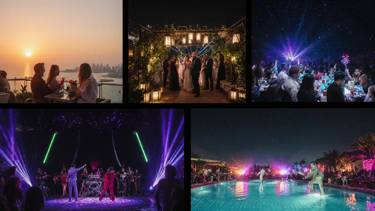 Night-out itinerary montage showing sunset lounge, garden patio, rooftop club, and beach club.
