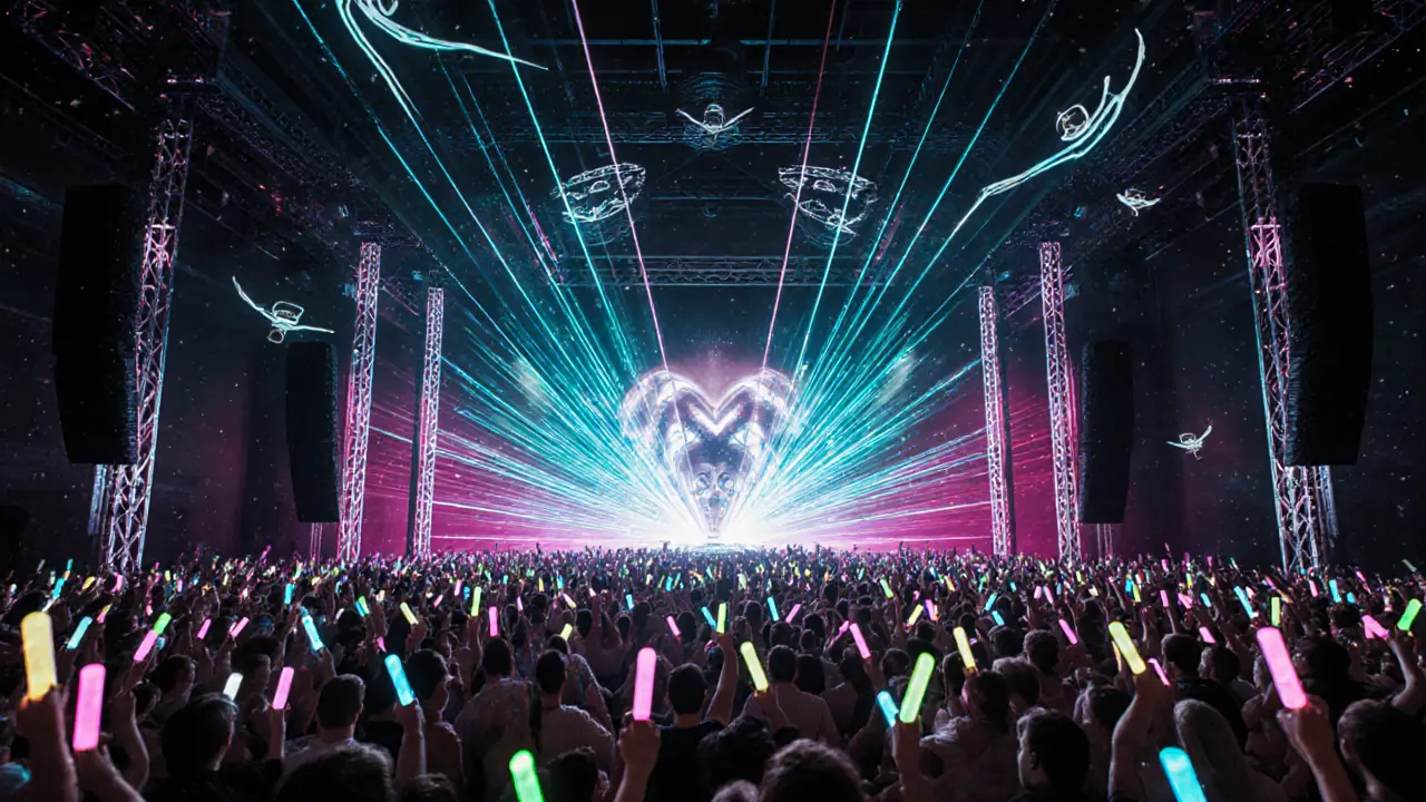 Nightclub interior with LED walls, laser strobes, and drones creating a sky show.