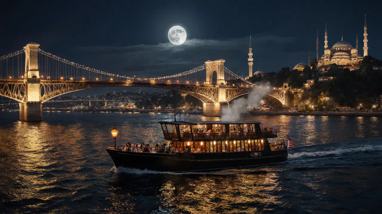 Nighttime Bosphorus cruise with illuminated bridges and city skyline.