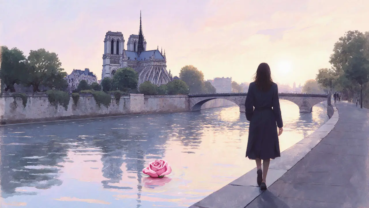 Person walking along the Seine at sunrise, symbolizing renewed confidence and romance.