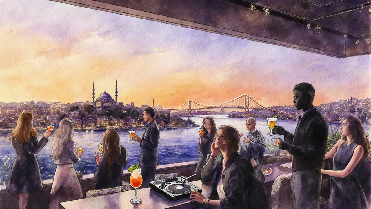 Rooftop bar overlooking Bosphorus at sunset with guests and cocktails.