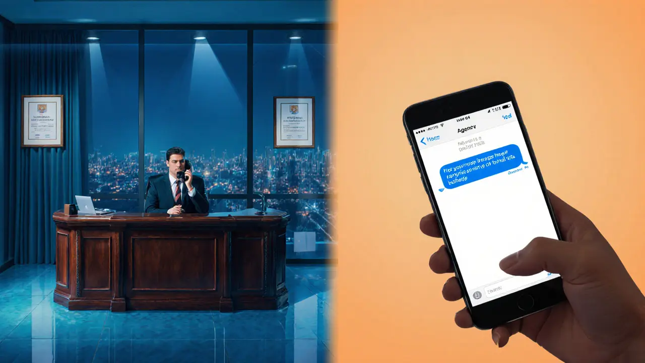 Split scene showing agency office on left and encrypted phone chat on right.