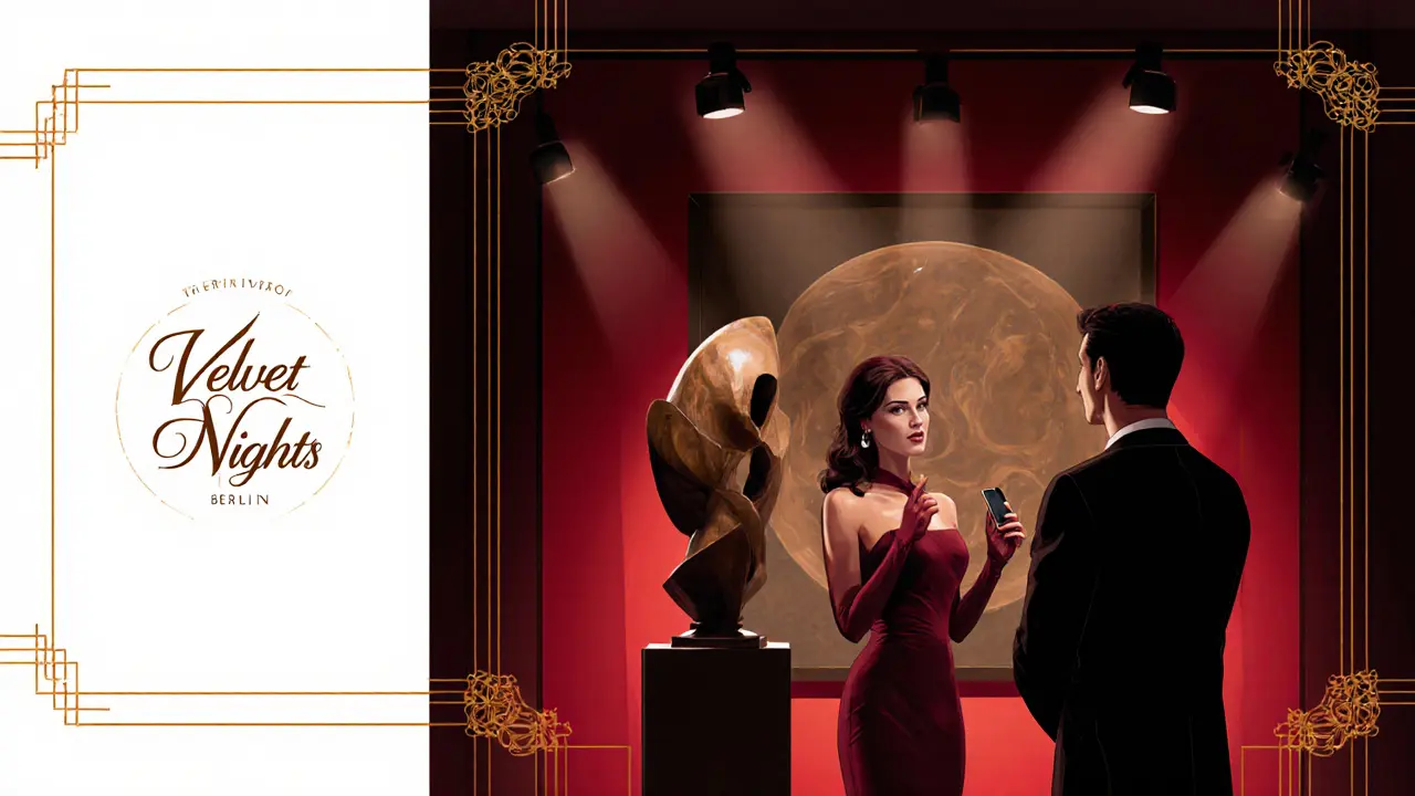 Stylized Art Deco illustration of a companion at a chic gallery opening.