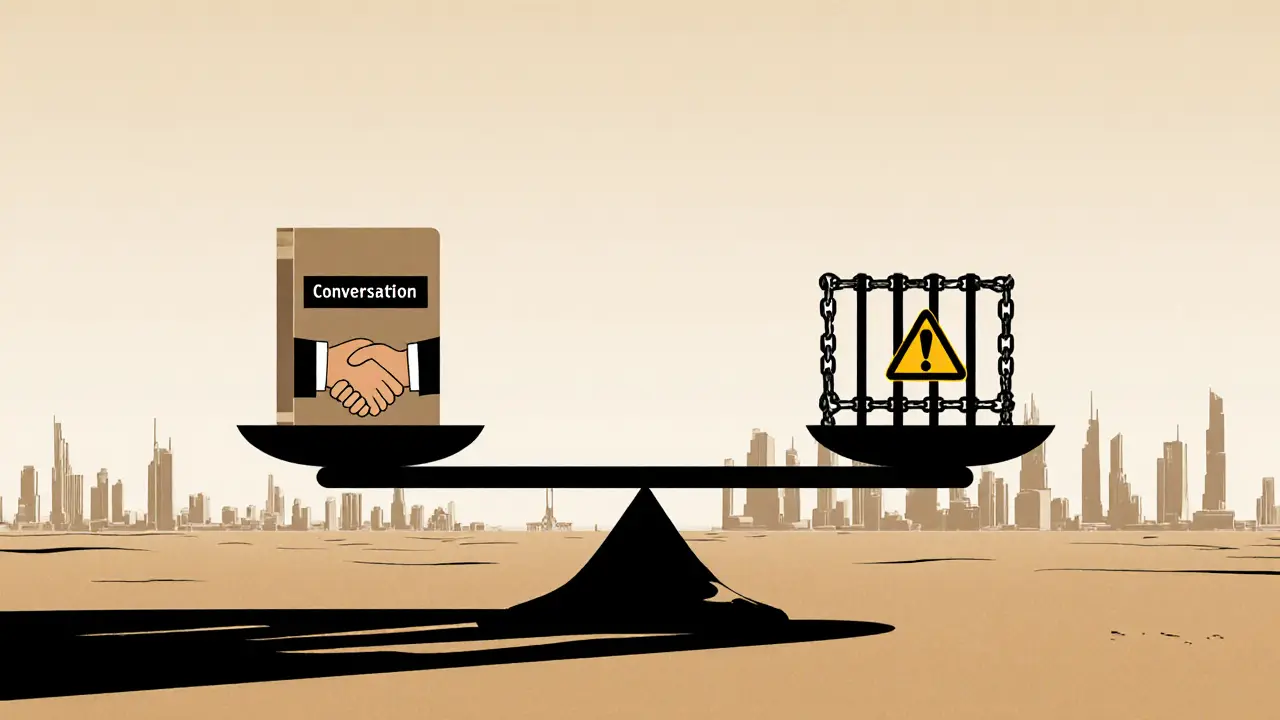 Symbolic scale balancing respectful companionship against legal danger in Abu Dhabi.