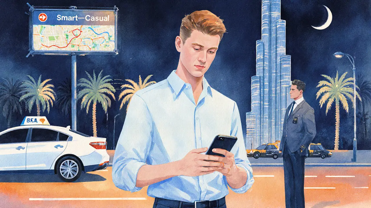 Traveler checking dress code and rideshare app before entering a Dubai nightclub