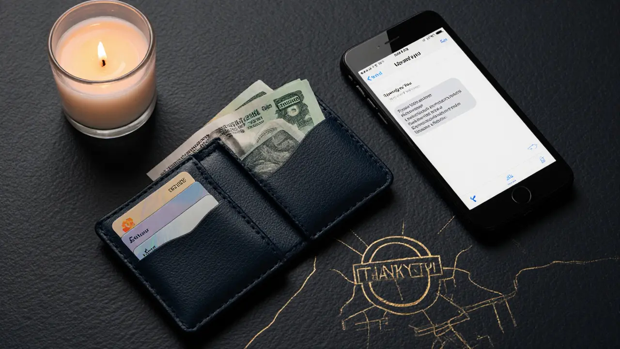 Wallet with cash, ID card, and phone showing a thank‑you note, emphasizing safety and payment.