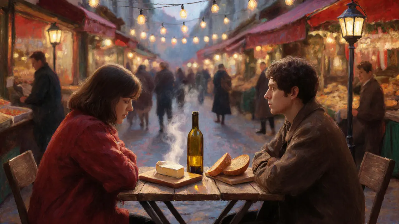 A couple enjoying wine and cheese at a cozy market stall in Paris, lantern light glowing softly in the evening.
