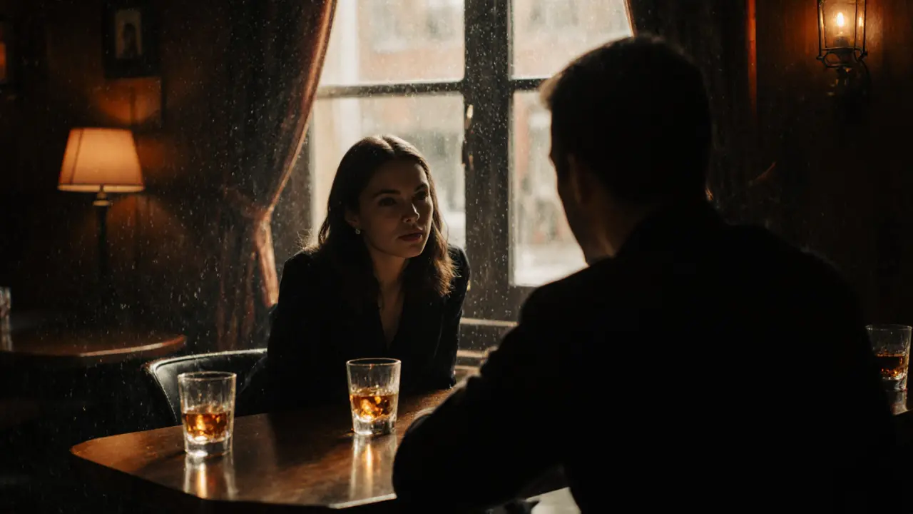 A couple in a Camden jazz bar, listening intently under warm amber lights, rain on the window behind them.