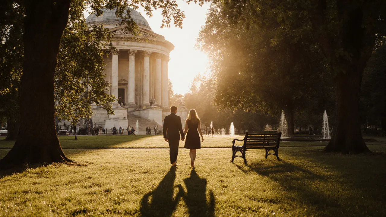 A couple walking barefoot through golden hour in Kensington Gardens.