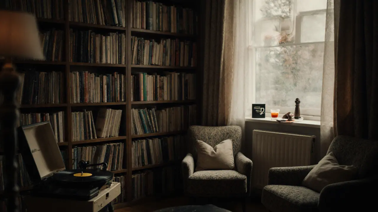 A cozy Notting Hill apartment with bookshelves, a record player, and soft lighting, two chairs close together.