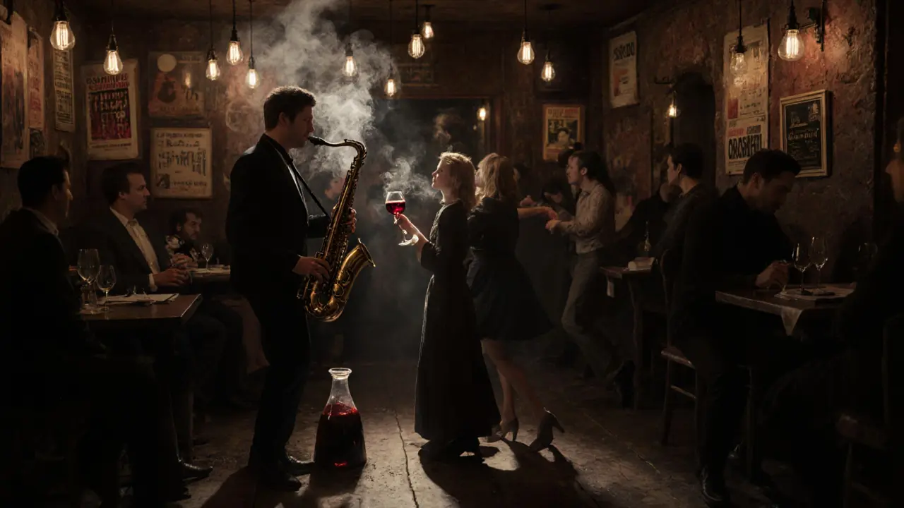 A crowded jazz cellar in Saint-Germain with dancers, a saxophonist, and a shared carafe of red wine.