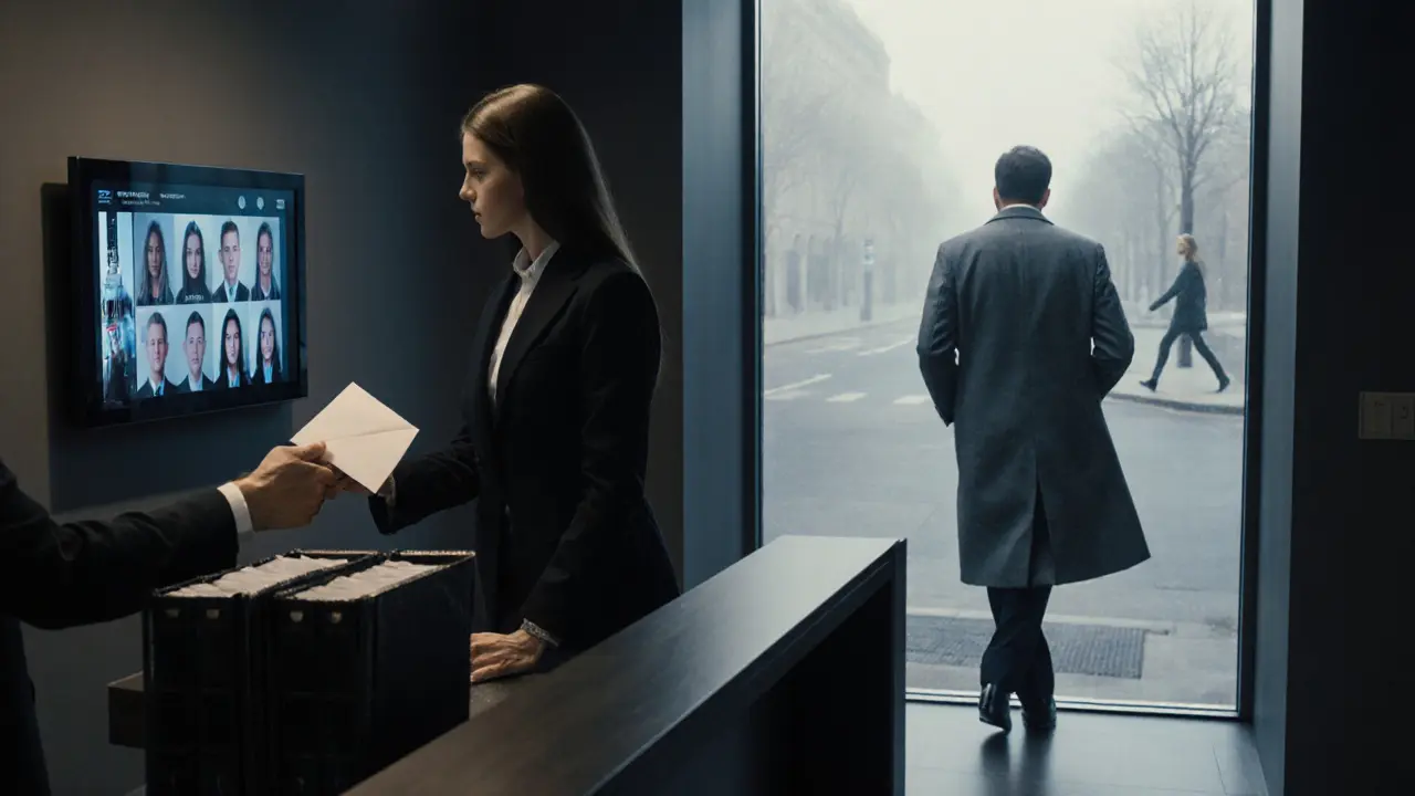 A discreet London escort agency office at dawn, with a client receiving a confidential envelope.