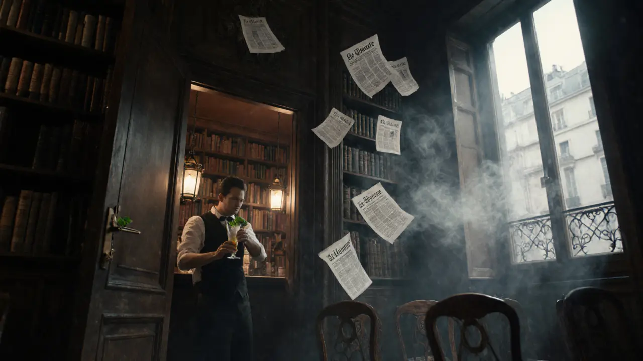 A hidden speakeasy behind a bookshelf, lit by lanterns, with a bartender mixing a unique cocktail in soft moonlight.