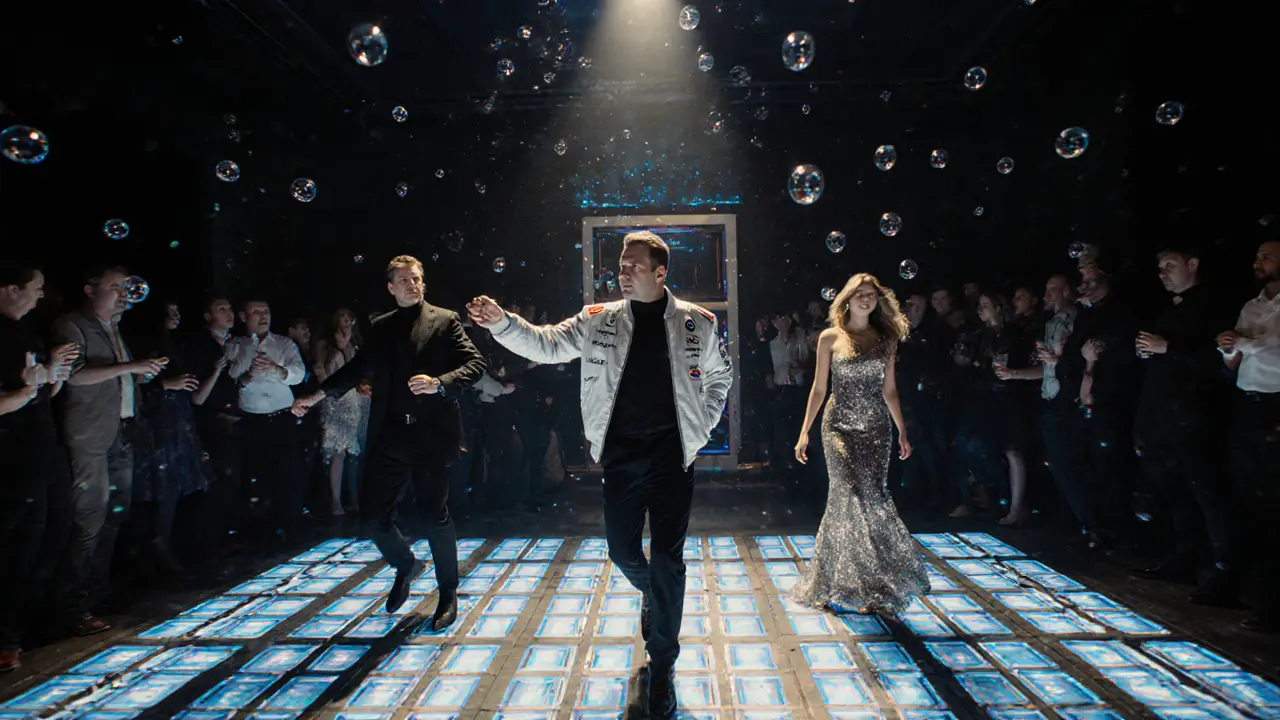 A high-tech dance floor at Kosmos pulses with LED lights as a diverse elite crowd moves in sync.