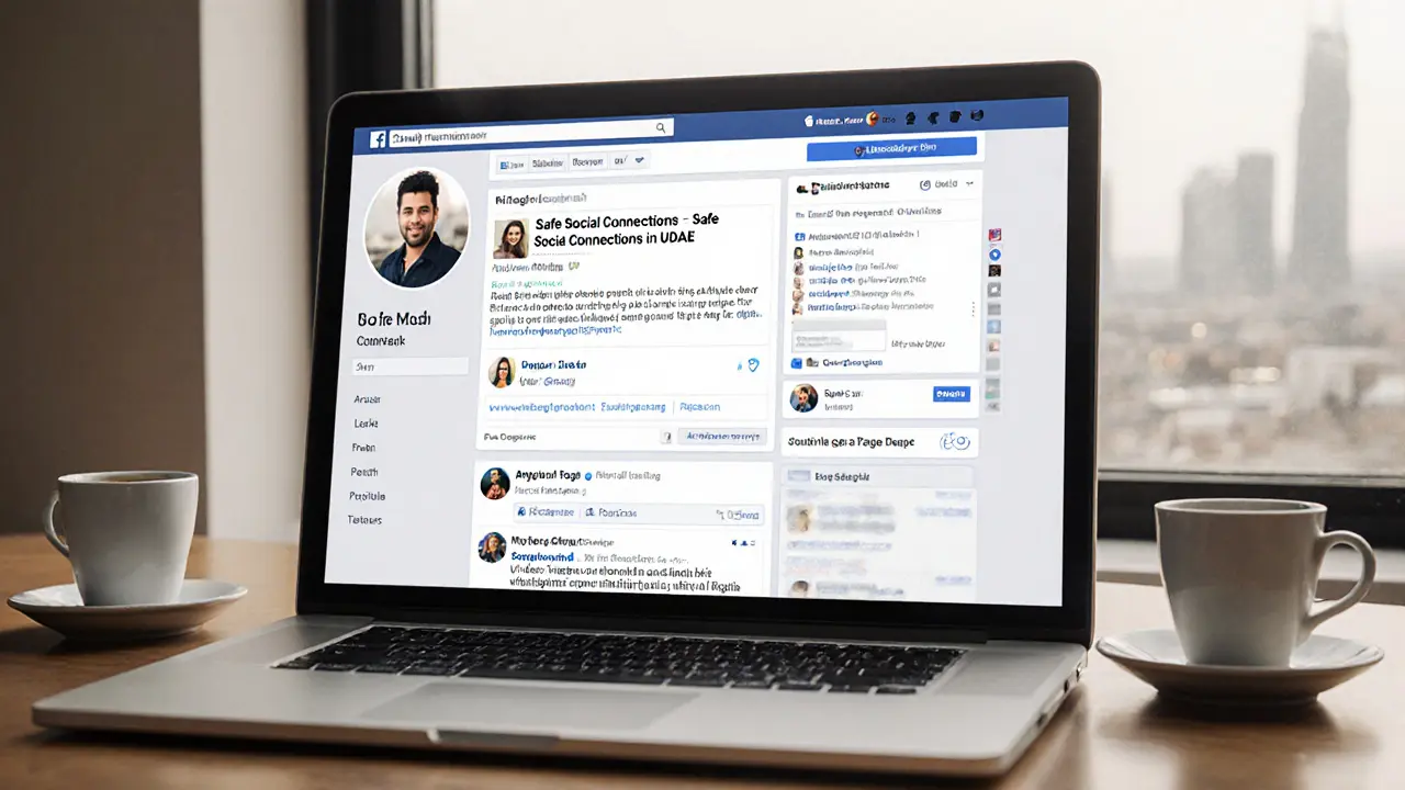 A laptop displaying a private expat forum with trusted social connection posts.