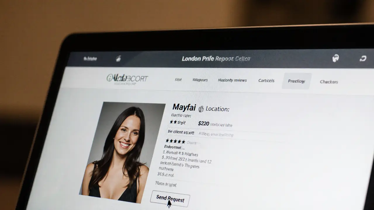 A laptop screen shows a verified escort profile with clear pricing and client reviews in London.