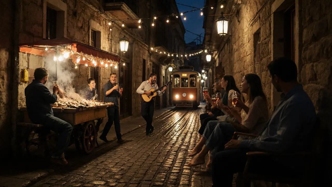 A lively alley in Kadıköy at night with street food, music, and dancing under string lights.