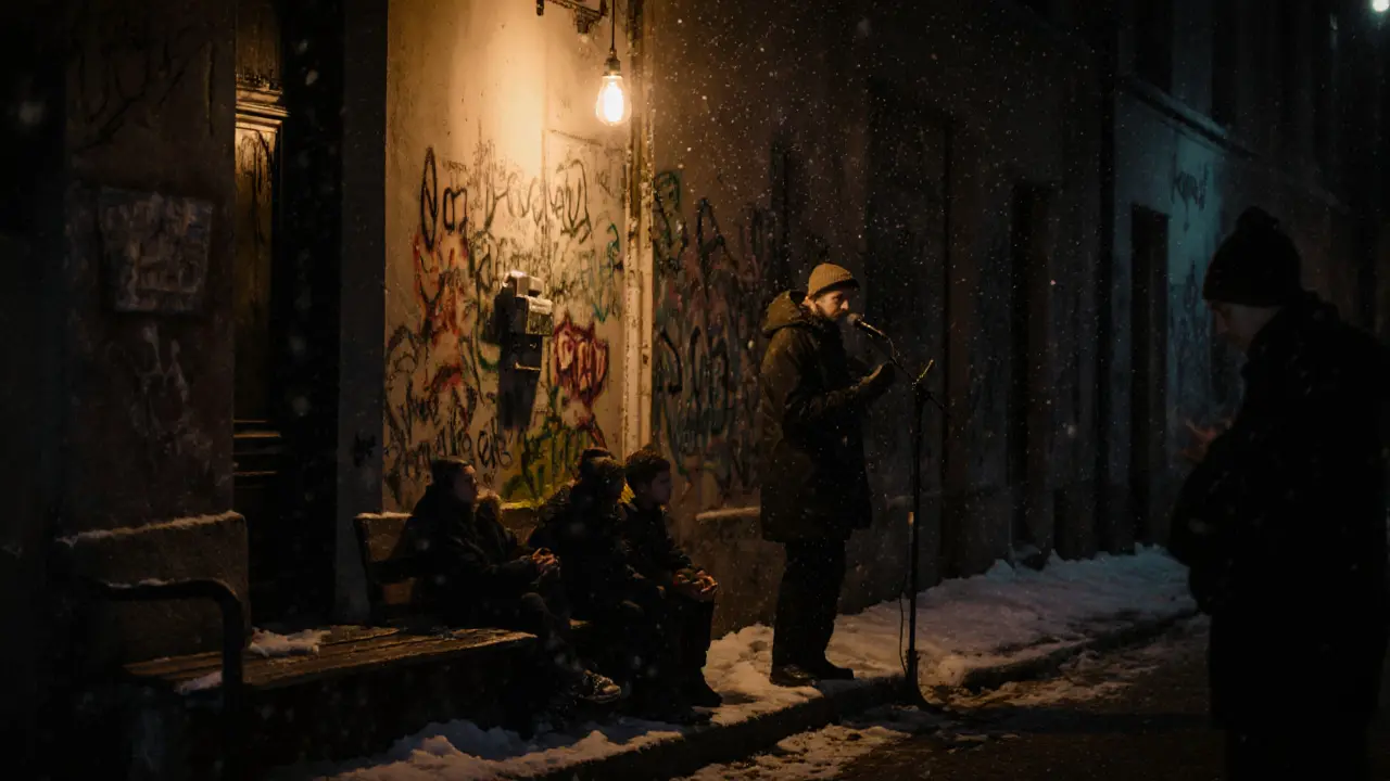 A lone poet under a dim bulb in a snowy Berlin alley, a small audience listening in silence.