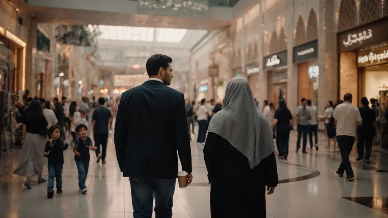 A man walking through Dubai Mall at dusk, maintaining respectful distance from a companion.