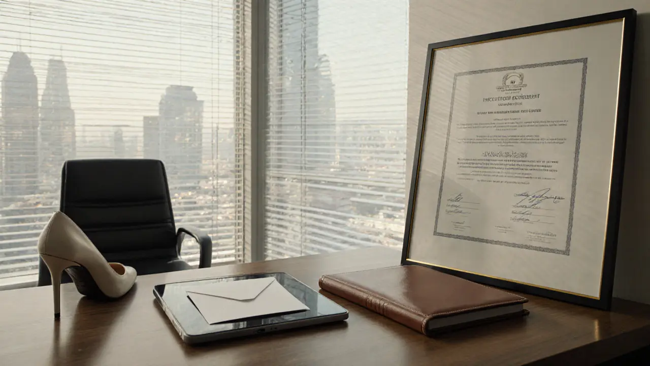 A minimalist Dubai escort agency office with encrypted messages, business license, and a single high-heeled shoe on a desk.