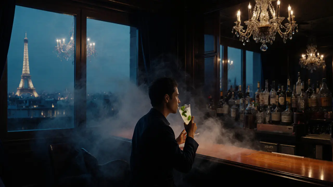 A moody, velvet-clad Paris nightclub at night, with a person drinking a mint mojito under soft amber lights.